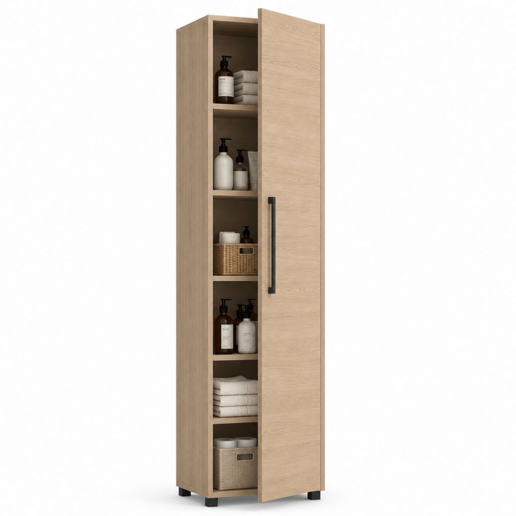 Colonna contenitore rettangolare con anta e 5 ripiani in pannello truciolare melaminico, rovere chiaro e nero, 30 x 30 x 190 cm