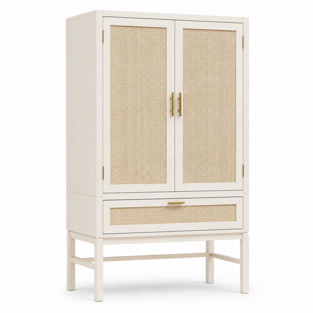 Armadio guardaroba a 2 ante con cassetto in MDF e rattan intrecciato, bianco crema e beige, 100 x 45 x 170 cm