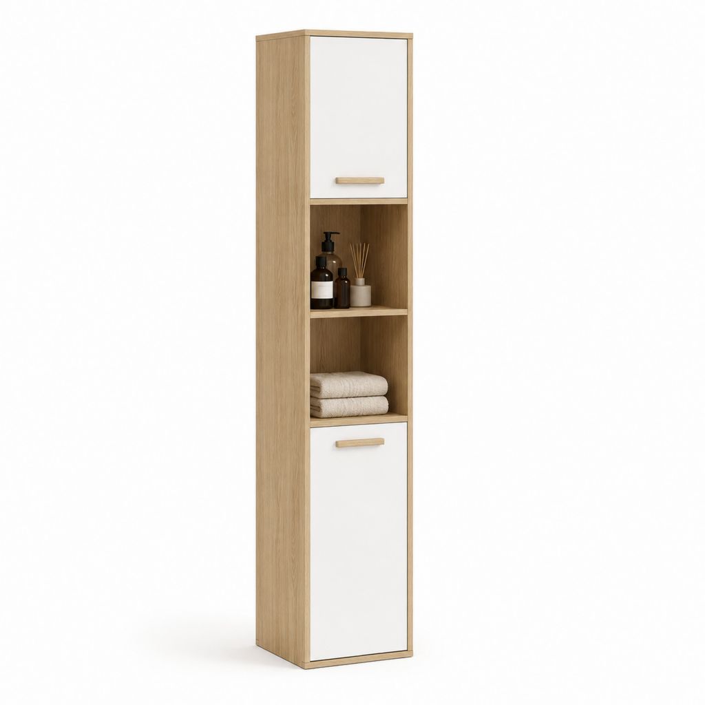 Mobile a colonna rettangolare in legno, rovere naturale e bianco, 30 × 30 × 180 cm