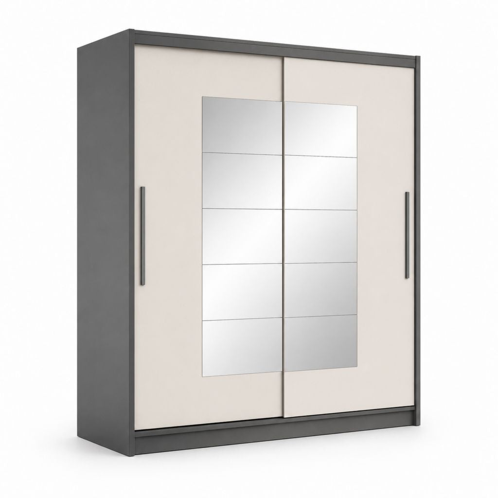 Armadio guardaroba a 2 ante scorrevoli con specchio in pannello truciolare antracite e beige, 180 × 62 × 200 cm