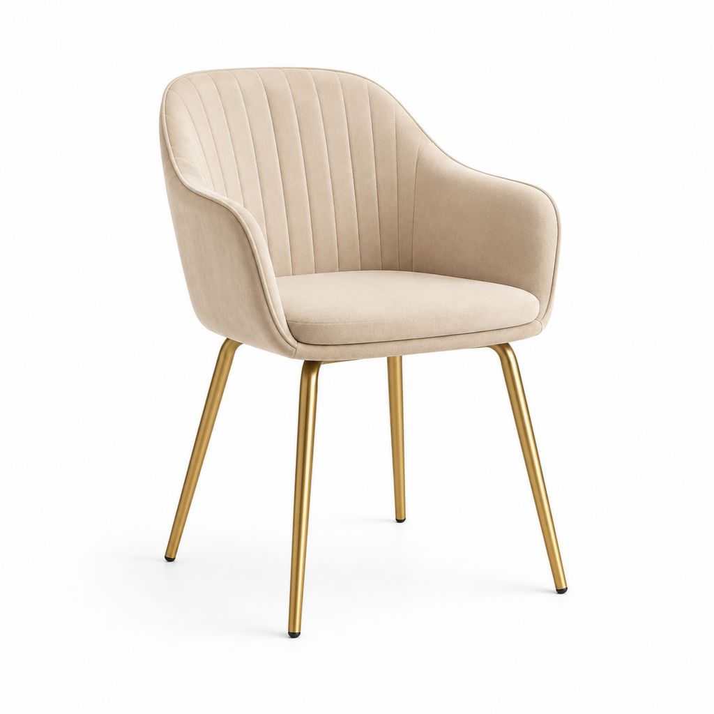 Sedia da pranzo imbottita con braccioli, rivestimento in poliestere effetto velluto e gambe in acciaio, beige e oro, 58 x 59 x 82 cm