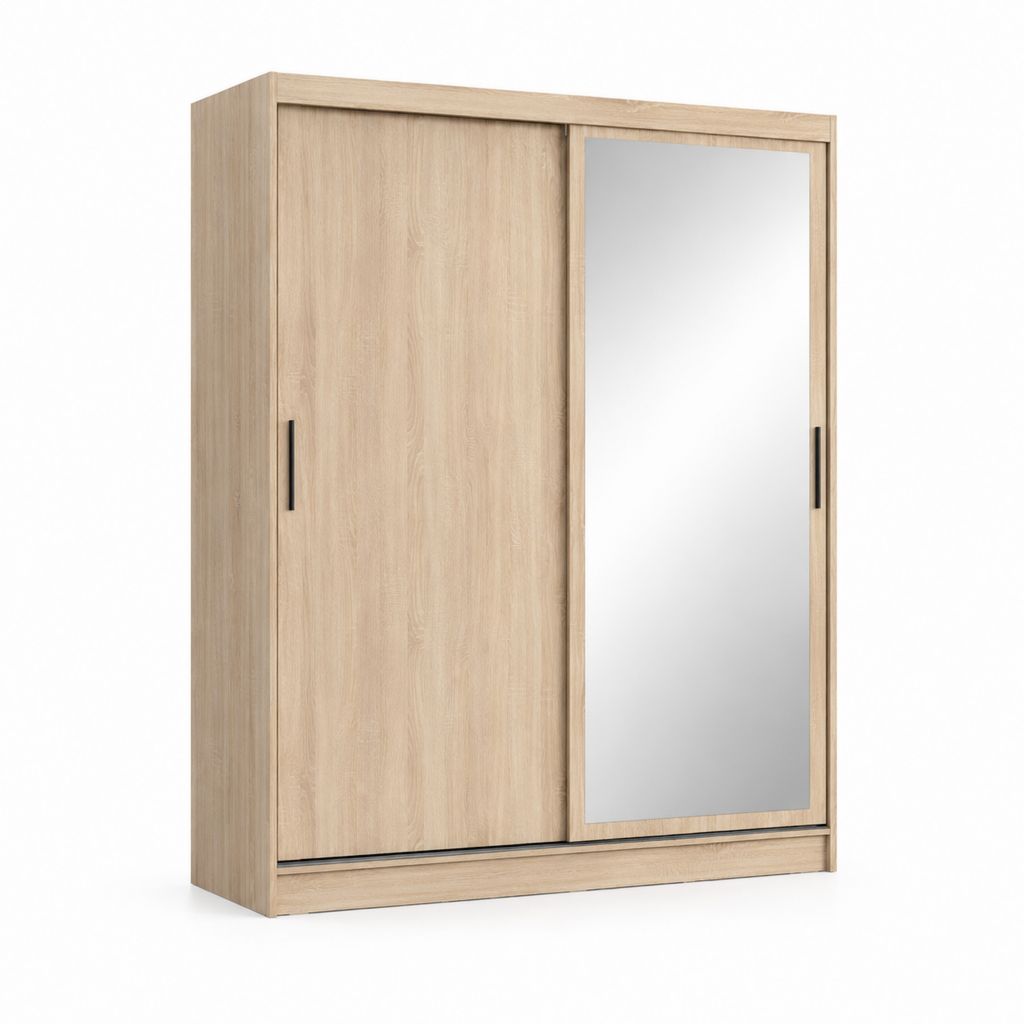 Armadio guardaroba in pannello truciolare melaminico con 2 ante scorrevoli e specchio, rovere chiaro, 160 × 52 × 200 cm