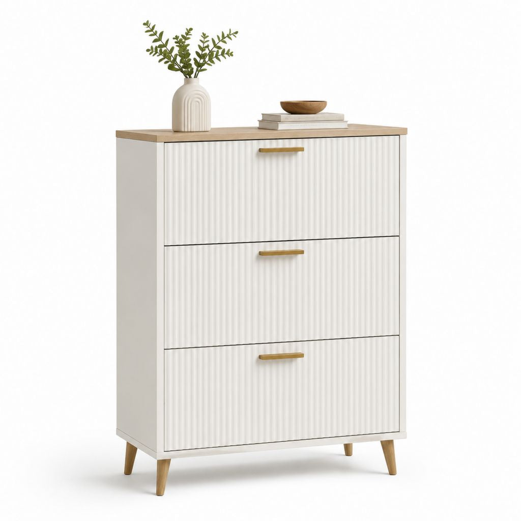 Scarpiera a 3 ante ribaltabili in MDF e truciolare, bianco e rovere, 80 × 24 × 120 cm