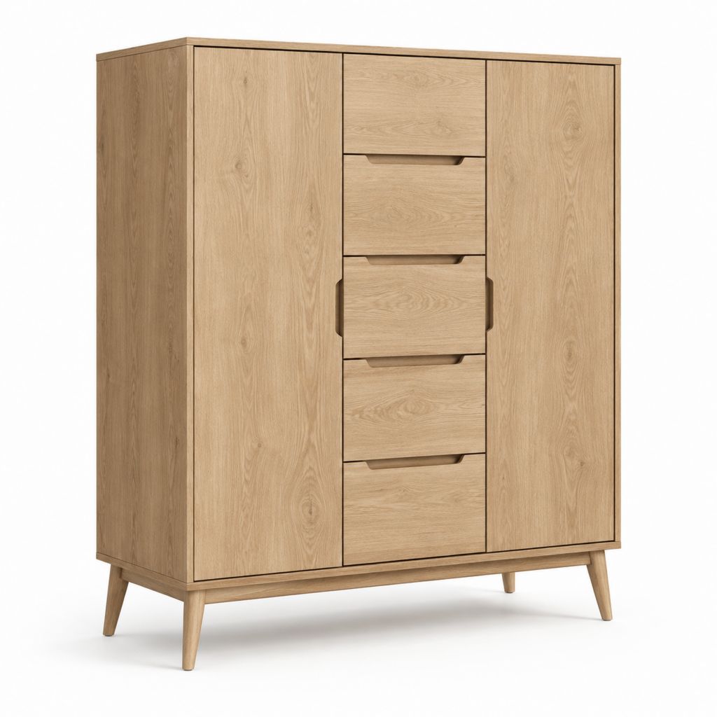 Armadio contenitore rettangolare in truciolare e MDF effetto rovere naturale con 2 ante e 5 cassetti, 120 x 42 x 150 cm