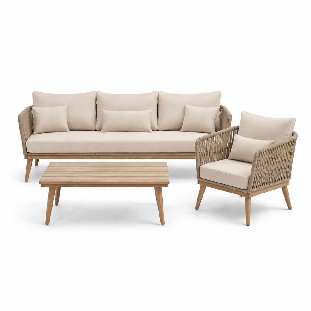 Set da giardino 3 pezzi in legno di acacia e corda beige, divano 216 x 82 x 78 cm, poltrona 82 x 82 x 78 cm e tavolino 120 x 60 x 42 cm