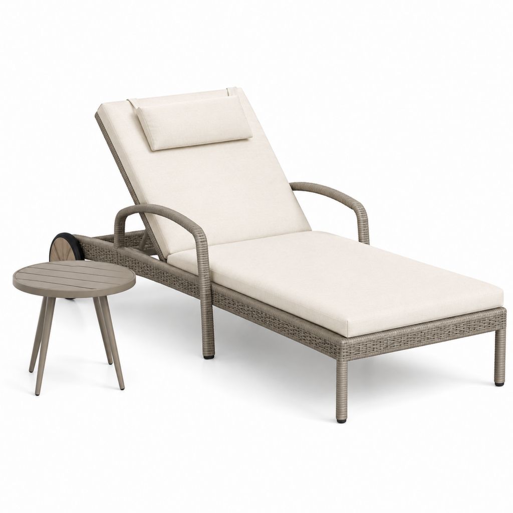 Set da esterno con lettino prendisole reclinabile in acciaio e rattan PE tortora 196 × 68 × 94 cm, cuscini beige e tavolino Ø 45 × 46 cm