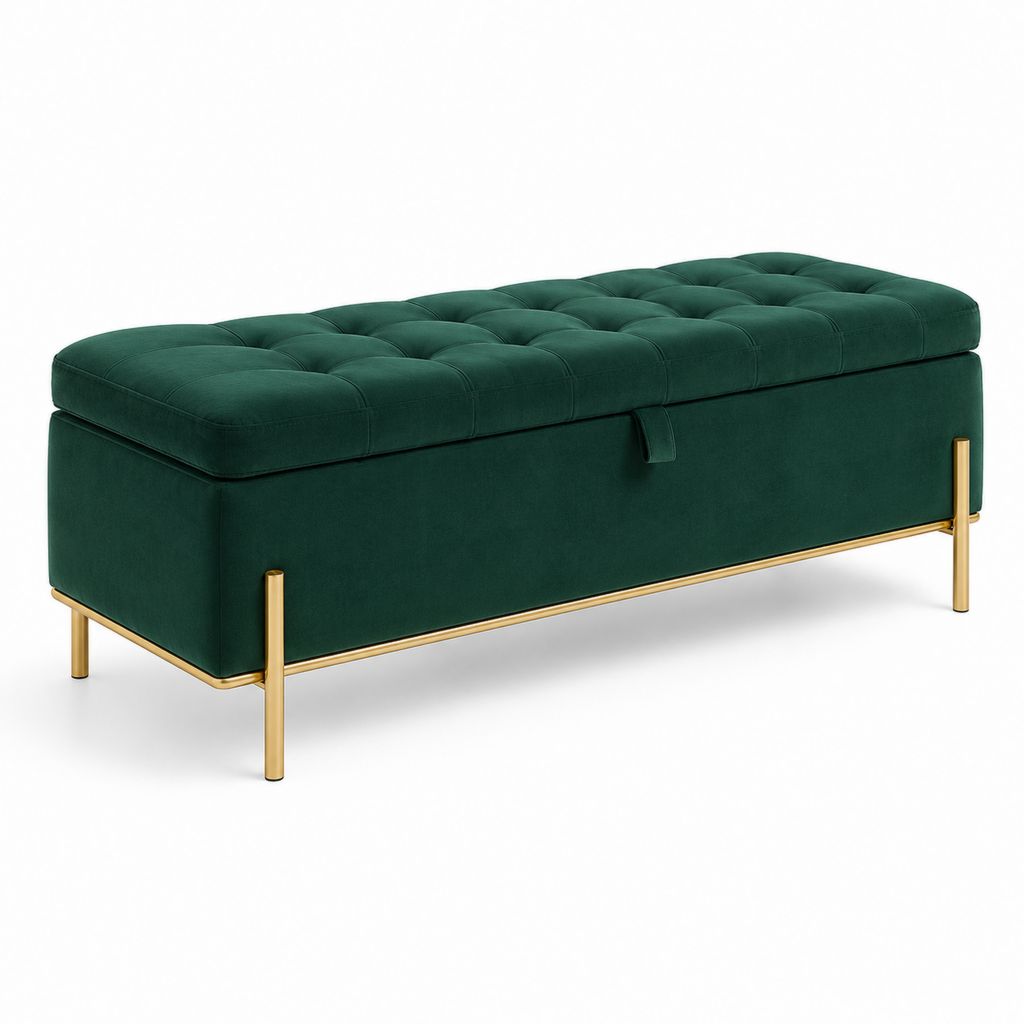 Panca contenitore rettangolare in velluto e acciaio, verde scuro e oro, 110 × 40 × 45 cm