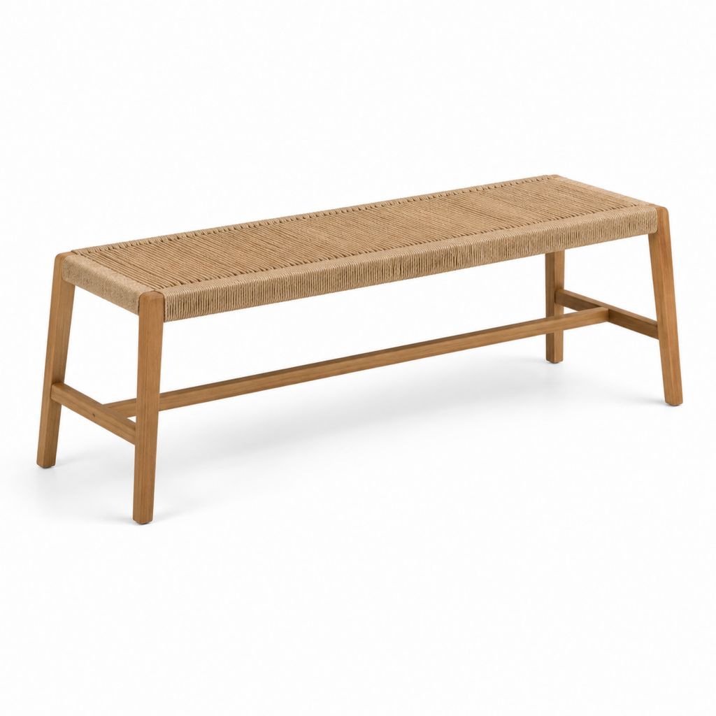 Panca a 2 posti in legno massello di acacia e corda di polipropilene, marrone naturale e beige, 120 x 38 x 45 cm