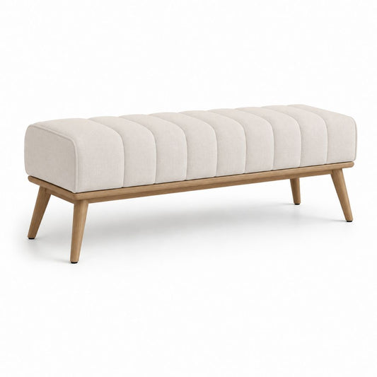 Panca imbottita rettangolare in tessuto beige e legno finitura rovere naturale, 120 × 40 × 45 cm