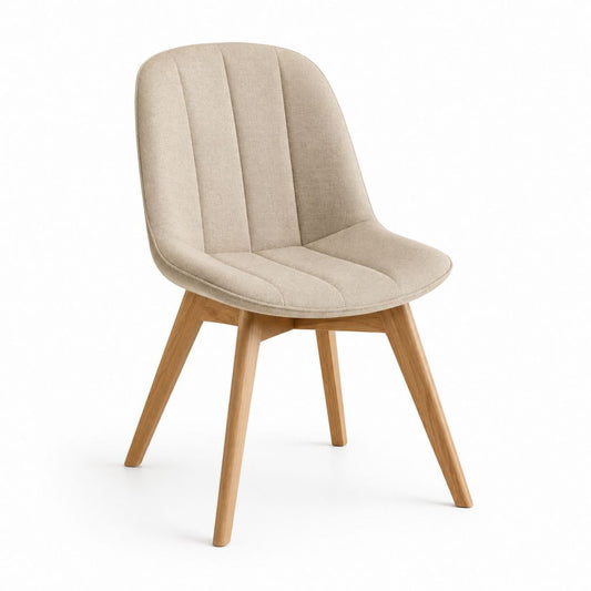 Sedia da pranzo imbottita beige con schienale arrotondato e gambe in legno, 51 x 58 x 83 cm