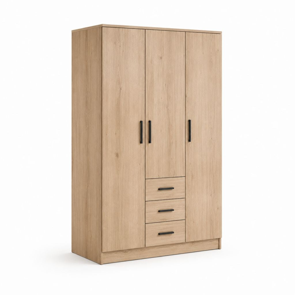 Armadio guardaroba rettangolare in legno a 3 ante e 3 cassetti, rovere naturale e nero, 120 x 52 x 180 cm