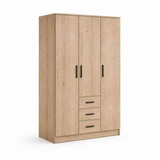 Armadio guardaroba rettangolare in legno a 3 ante e 3 cassetti, rovere naturale e nero, 120 x 52 x 180 cm