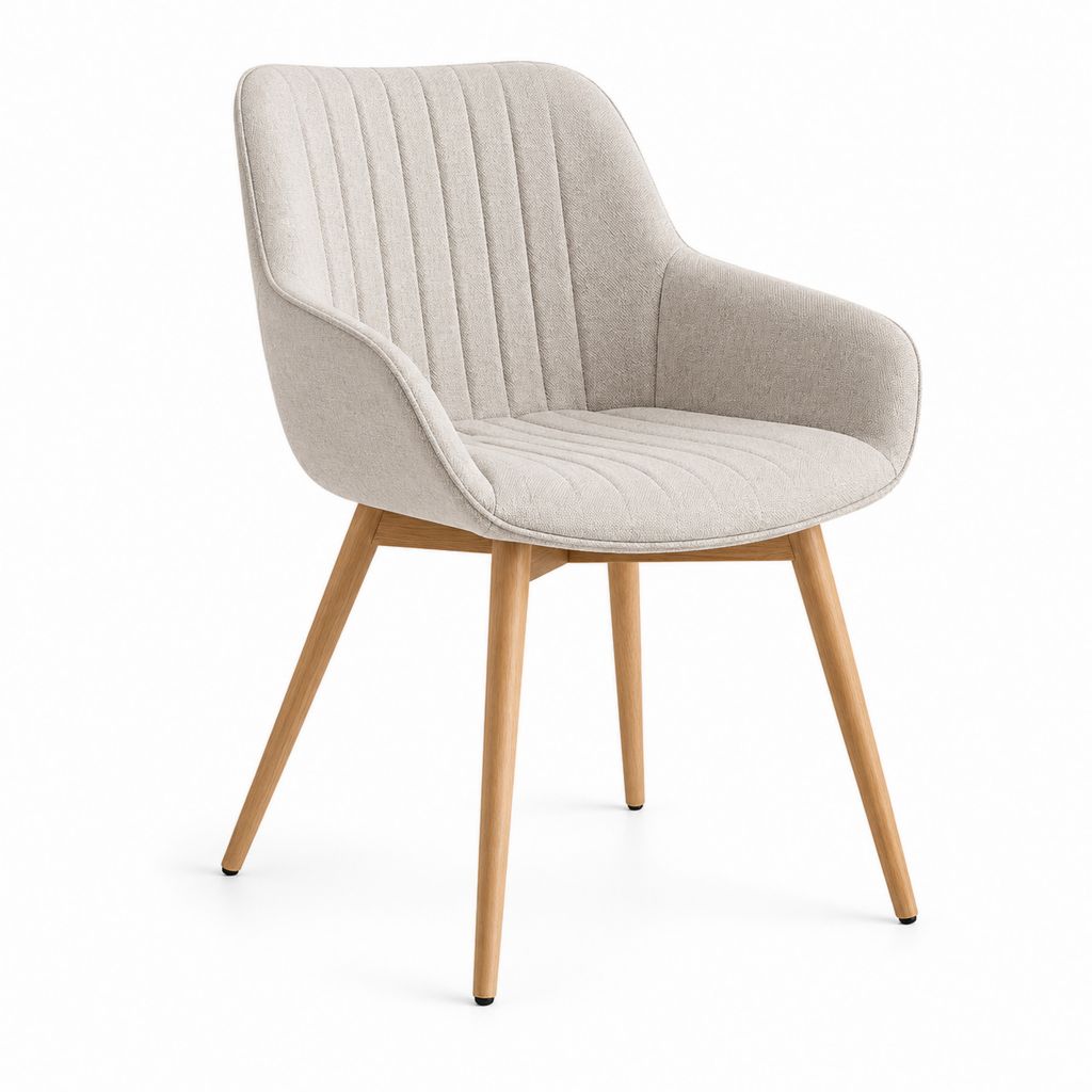 Sedia da pranzo imbottita beige con braccioli, schienale curvo e gambe in legno, 58 x 60 x 83 cm