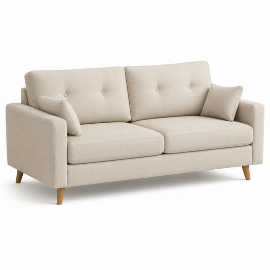Divano 2 posti in poliestere beige con gambe in faggio massello e 2 cuscini laterali, 180 x 83 x 86 cm
