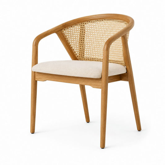 Sedia da pranzo con braccioli in frassino massello e rattan intrecciato, seduta beige, 59 x 58 x 78 cm