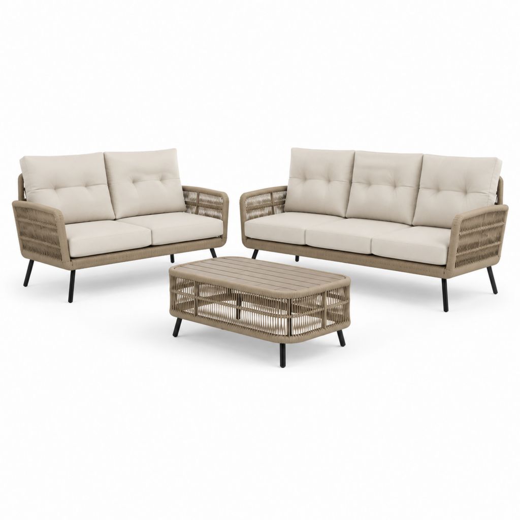 Set da esterno a 5 posti in rattan PE e acciaio, divano a 2 posti 155 x 78 x 79 cm, divano a 3 posti 210 x 78 x 79 cm, tavolino 110 x 60 x 42 cm, tortora, beige e nero