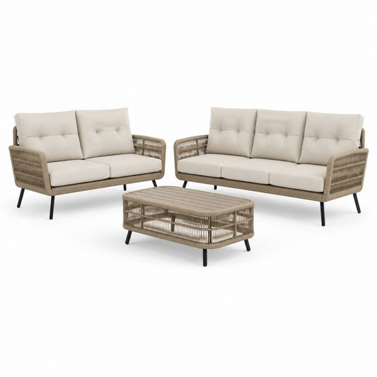 Set da esterno a 5 posti in rattan PE e acciaio, divano a 2 posti 155 x 78 x 79 cm, divano a 3 posti 210 x 78 x 79 cm, tavolino 110 x 60 x 42 cm, tortora, beige e nero
