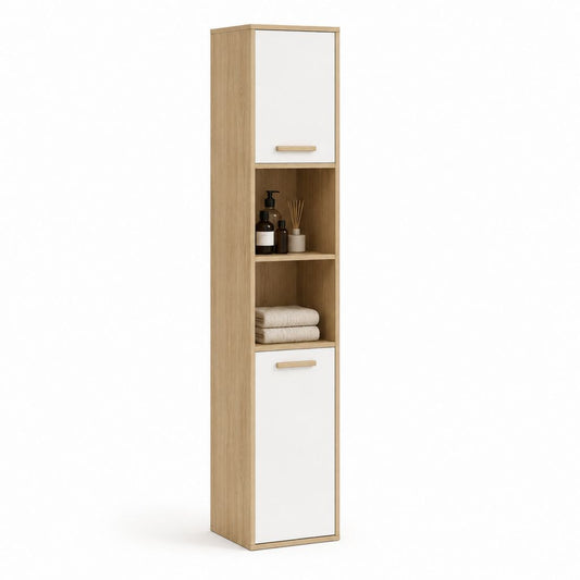 Mobile a colonna rettangolare in legno, rovere naturale e bianco, 30 × 30 × 180 cm
