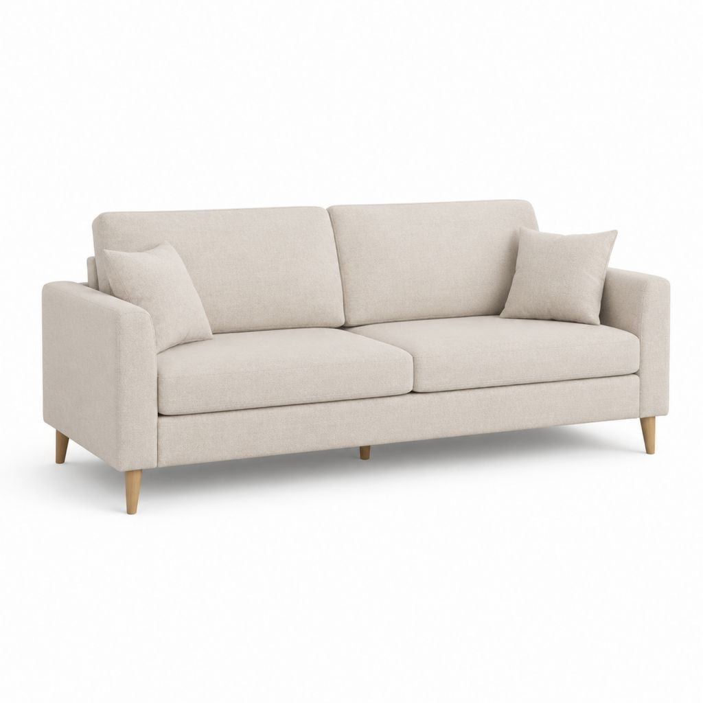 Divano 3 posti in poliestere beige con 2 cuscini e gambe in faggio, 200 × 86 × 84 cm