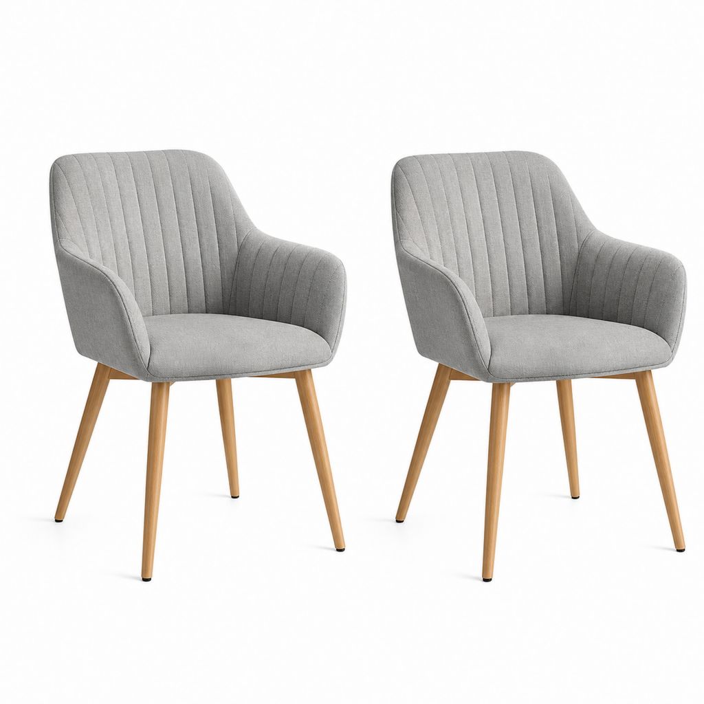 Set di 2 sedie da pranzo imbottite in poliestere grigio chiaro con braccioli e gambe in faggio massello, 60 x 61 x 82 cm