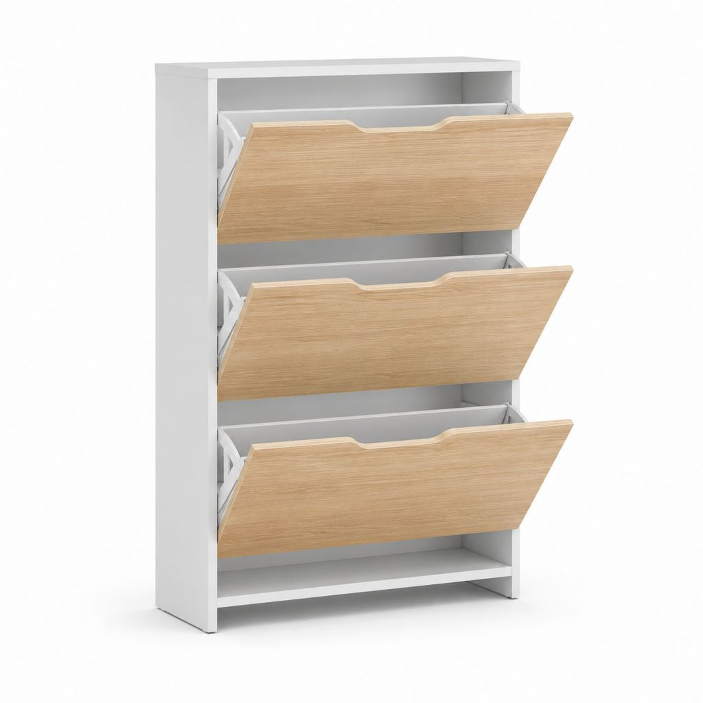 Scarpiera salvaspazio a 3 ante ribaltabili in truciolare melaminico bianco e rovere, 63 x 24 x 120 cm