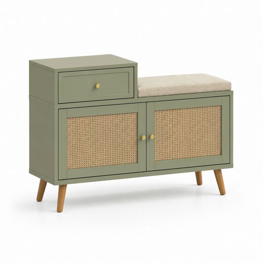 Scarpiera con panca, cassetto e 2 ante in MDF e rattan, seduta beige, verde salvia, 100 x 35 x 88 cm