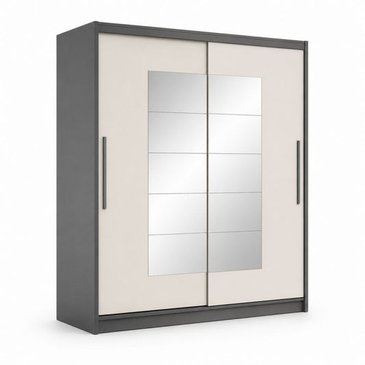 Armadio guardaroba a 2 ante scorrevoli con specchio in pannello truciolare antracite e beige, 180 × 62 × 200 cm