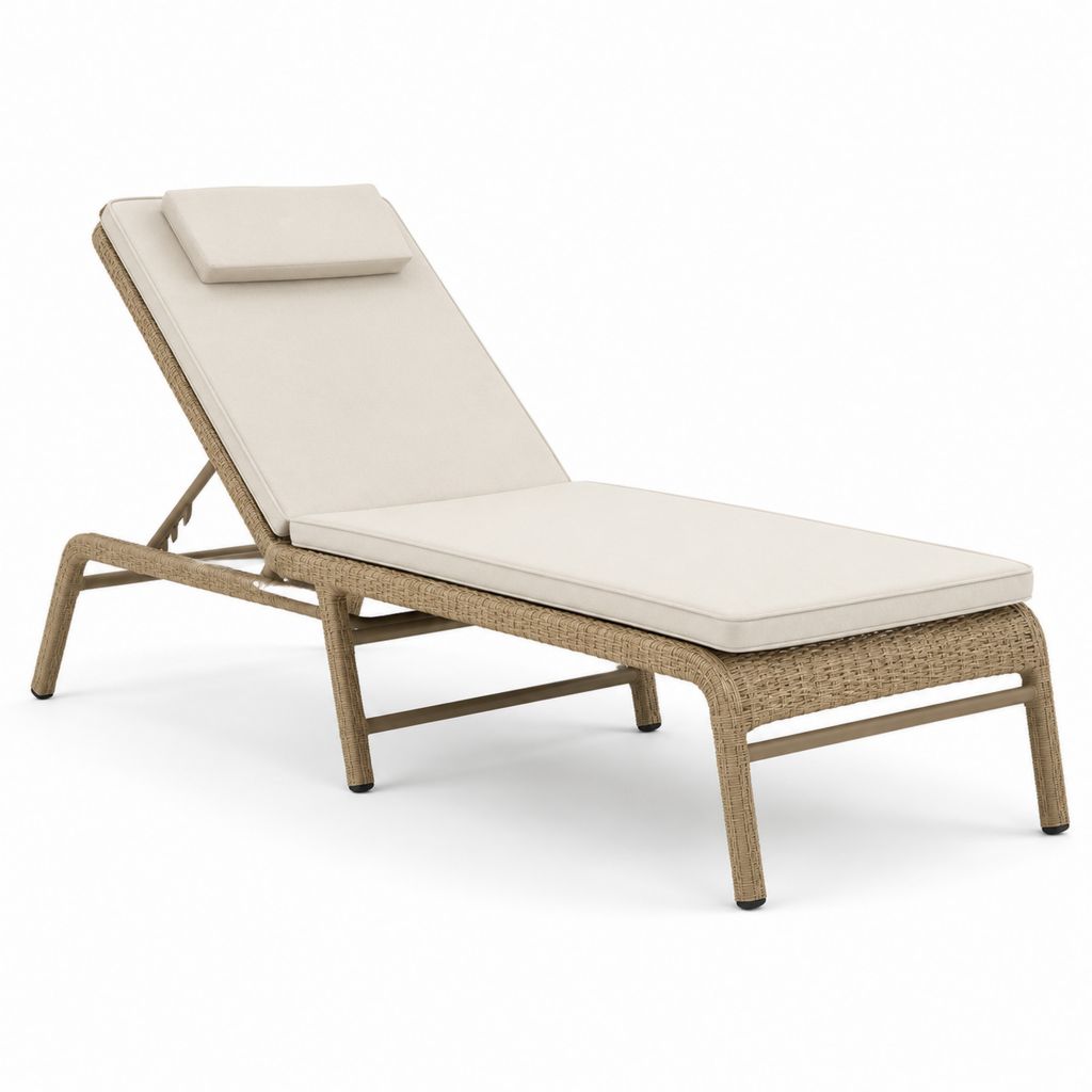 Lettino prendisole reclinabile in polyrattan PE beige sabbia con cuscini in poliestere crema, 198 x 70 x 35 cm