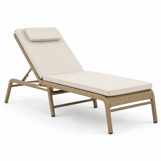 Lettino prendisole reclinabile in polyrattan PE beige sabbia con cuscini in poliestere crema, 198 x 70 x 35 cm