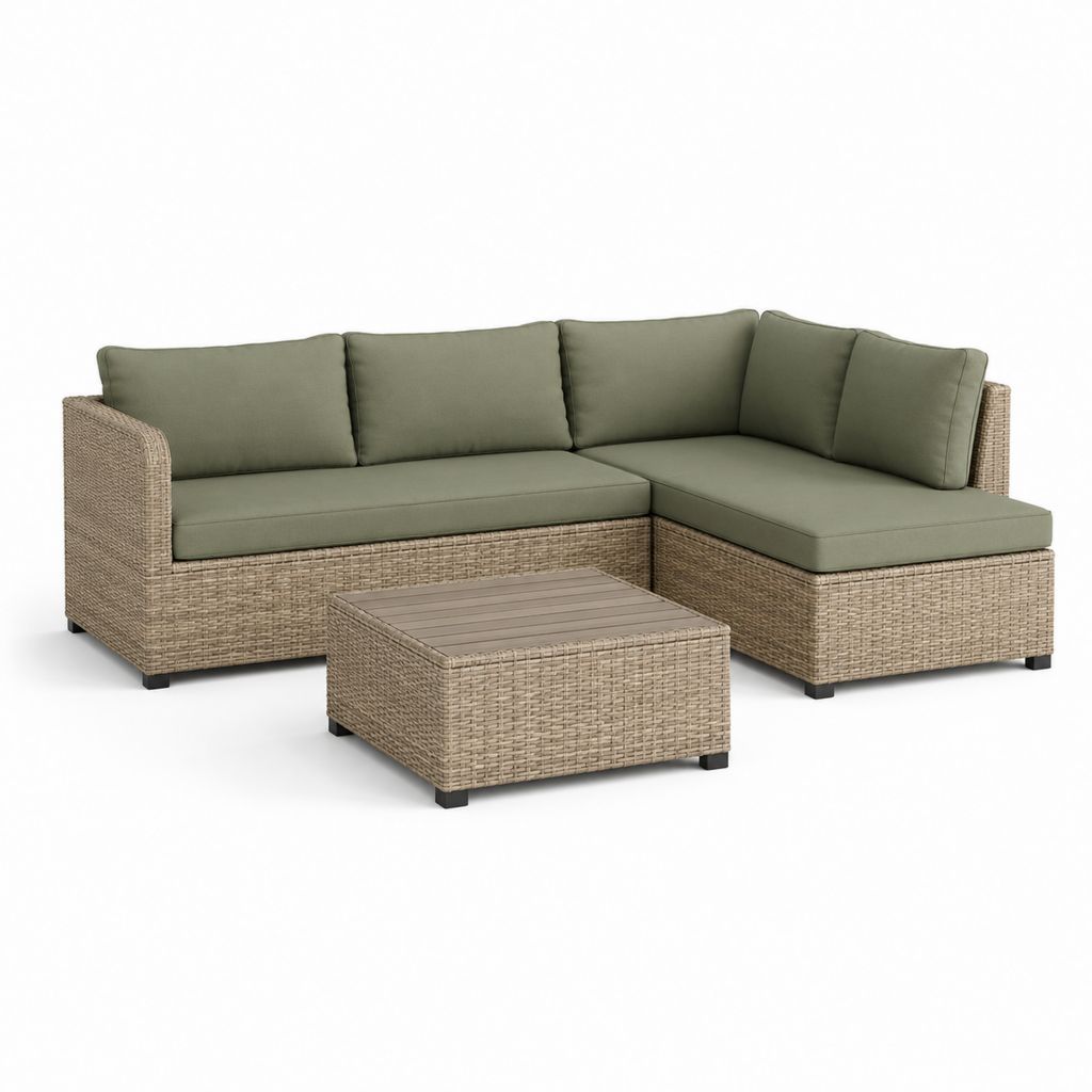 Set salotto da giardino 3 pezzi in rattan PE con divano angolare a 4 posti e tavolino, verde oliva e beige, 260 × 134 × 64 cm