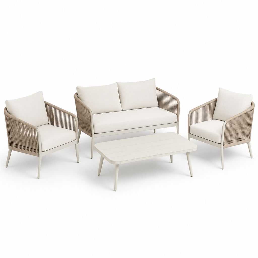Salotto da giardino 4 pezzi in alluminio e corda beige e crema, divano 132 x 75 x 78 cm, 2 poltrone 72 x 75 x 78 cm e tavolino 100 x 55 x 38 cm