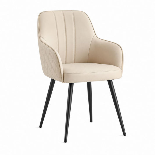 Sedia da pranzo imbottita con braccioli in pelle sintetica beige e gambe in acciaio nero, 58 x 60 x 84 cm