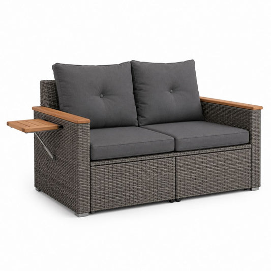 Divano da giardino a 2 posti in rattan PE e acciaio con 2 poggiapiedi estraibili e ripiano ribaltabile, grigio antracite e marrone, 138 x 74 x 85 cm