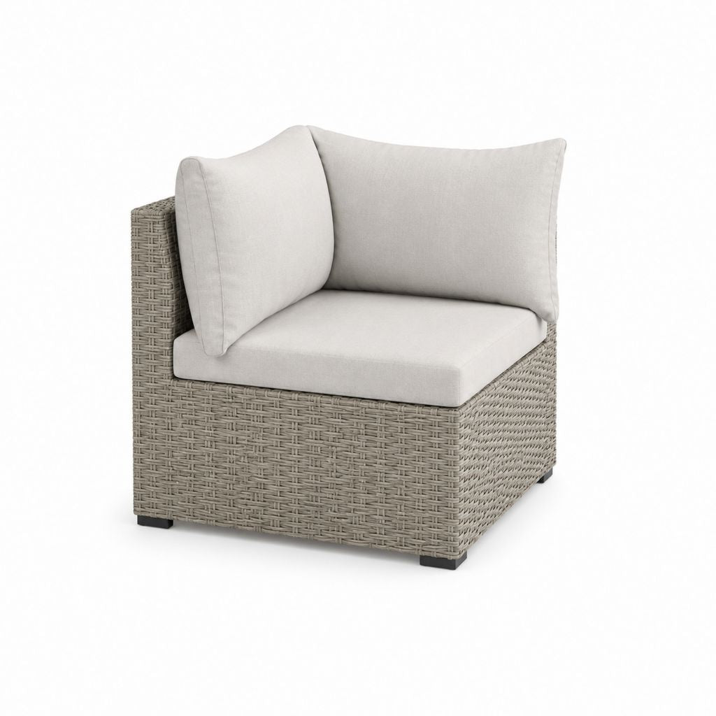 Poltrona angolare modulare da esterno in rattan PE e acciaio con cuscini grigio chiaro, 75 x 75 x 70 cm