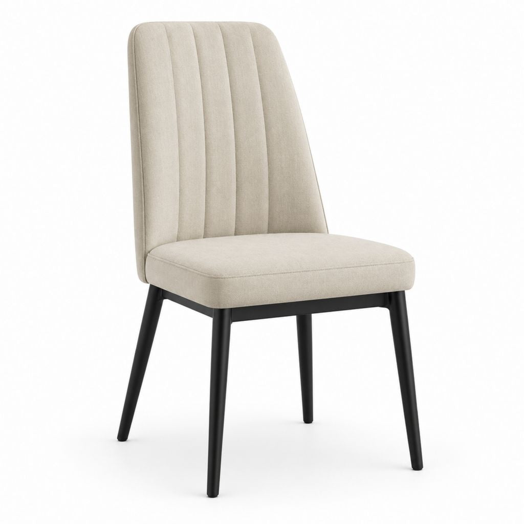 Sedia da pranzo imbottita in tessuto beige con gambe in metallo nero, 46 x 56 x 86 cm