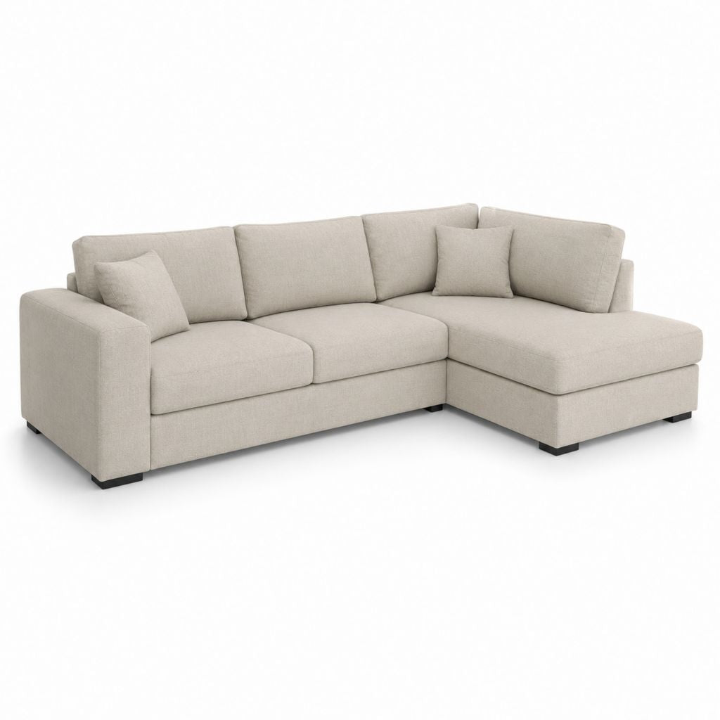 Divano angolare a 3 posti con penisola destra in tessuto beige chiaro, 250 × 160 × 85 cm