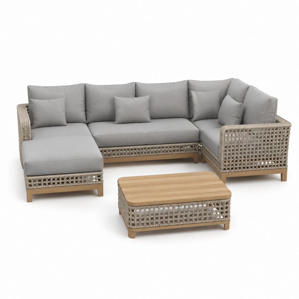 Composizione divano da giardino a U 5 posti in legno e corda PP con tavolino, grigio perla, tortora e naturale, 270 x 160 x 76 cm