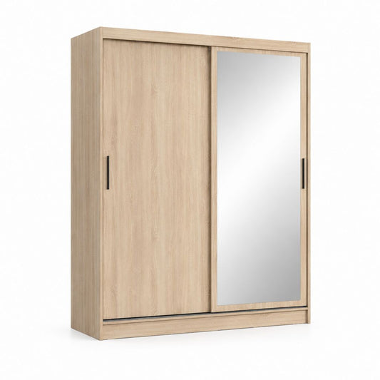 Armadio guardaroba in pannello truciolare melaminico con 2 ante scorrevoli e specchio, rovere chiaro, 160 × 52 × 200 cm