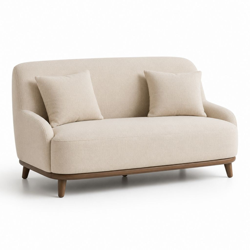 Divano 2 posti in tessuto beige crema con base in legno, 150 × 80 × 85 cm