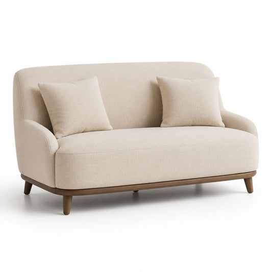 Divano 2 posti in tessuto beige crema con base in legno, 150 × 80 × 85 cm