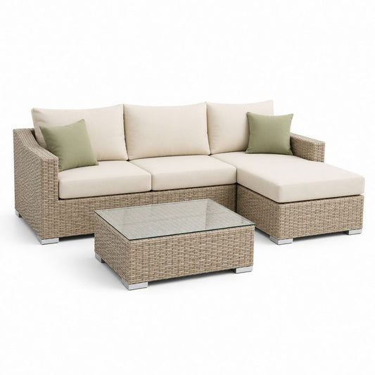 Set da giardino con divano angolare a 3 posti, penisola e tavolino in rattan PE beige, 220 × 145 × 70 cm