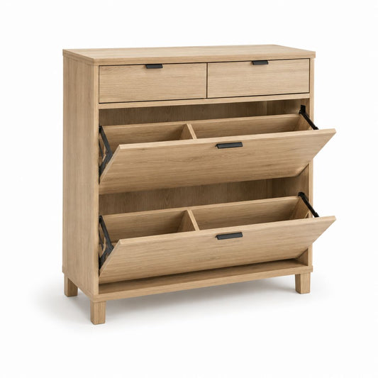 Scarpiera in pannelli melaminici rovere naturale con 2 ante a ribalta e 2 cassetti, 100 × 35 × 110 cm