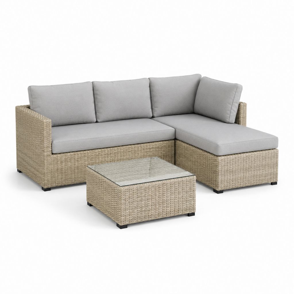 Set da giardino con divano angolare a 3 posti in polyrattan beige, cuscini grigio chiaro, 185 x 129 x 76 cm e tavolino 64 x 64 x 34 cm