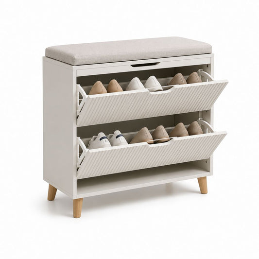 Scarpiera rettangolare bianca con panca imbottita, 2 ante a ribalta e ripiano, 80 x 30 x 82 cm