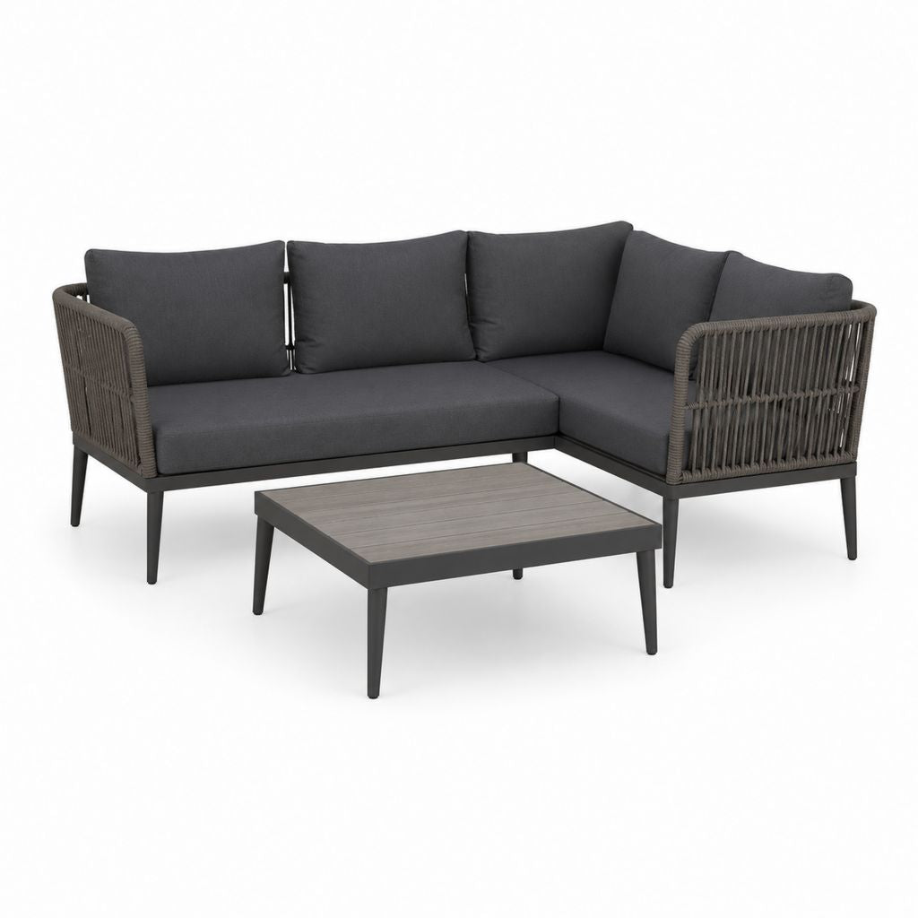 Set da giardino angolare da esterno a 4 posti in metallo e corda con tavolino, 3 pezzi, antracite e grigio tortora, 205 x 135 x 76 cm