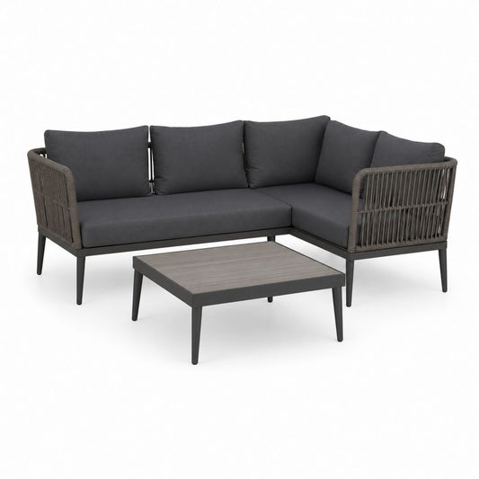 Set da giardino angolare da esterno a 4 posti in metallo e corda con tavolino, 3 pezzi, antracite e grigio tortora, 205 x 135 x 76 cm
