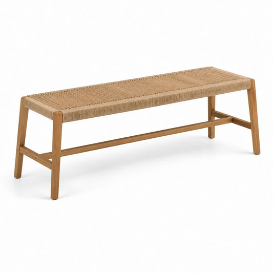 Panca a 2 posti in legno massello di acacia e corda di polipropilene, marrone naturale e beige, 120 x 38 x 45 cm
