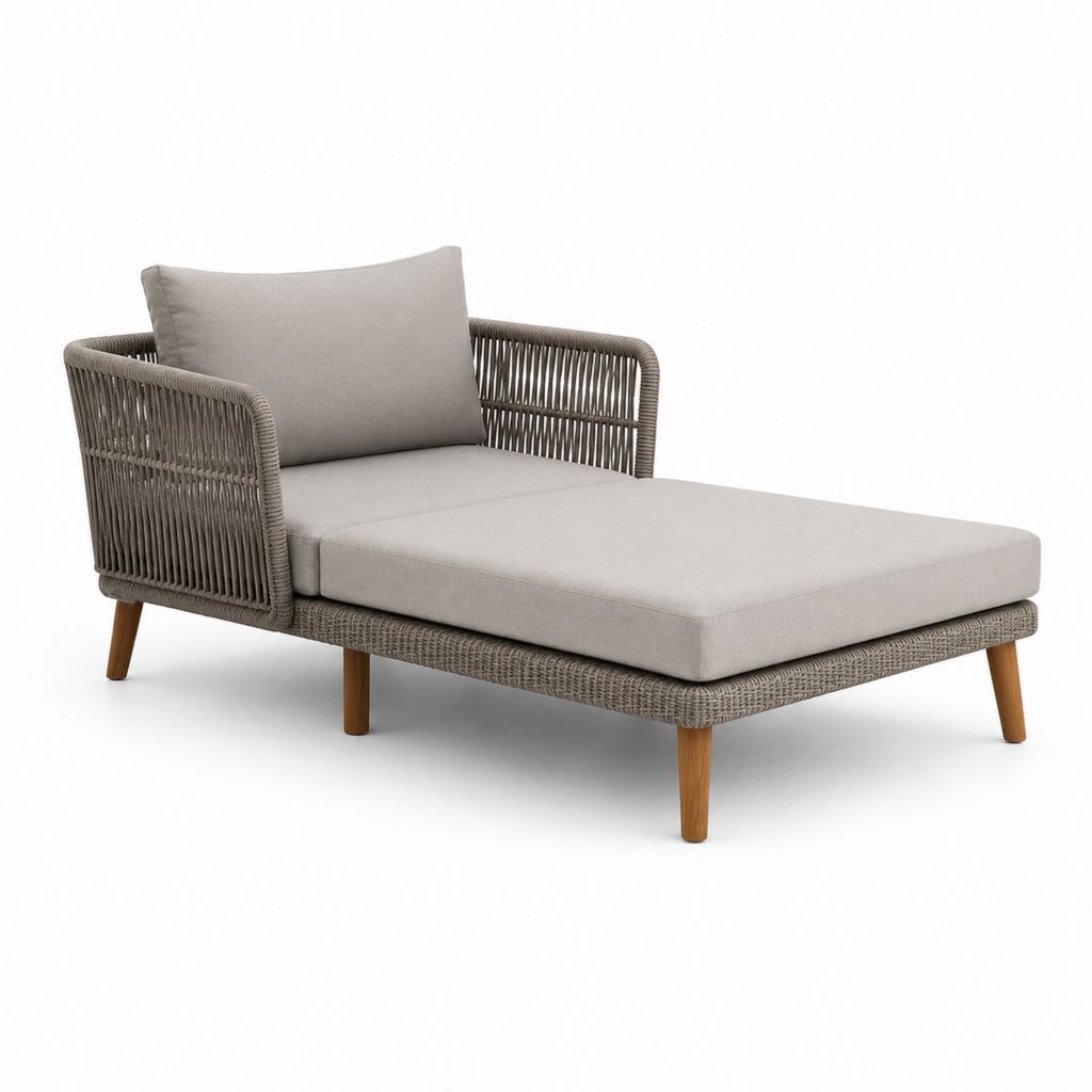 Lettino da esterno monoposto in rattan PE, metallo e legno con cuscini grigio tortora, 170 x 80 x 75 cm
